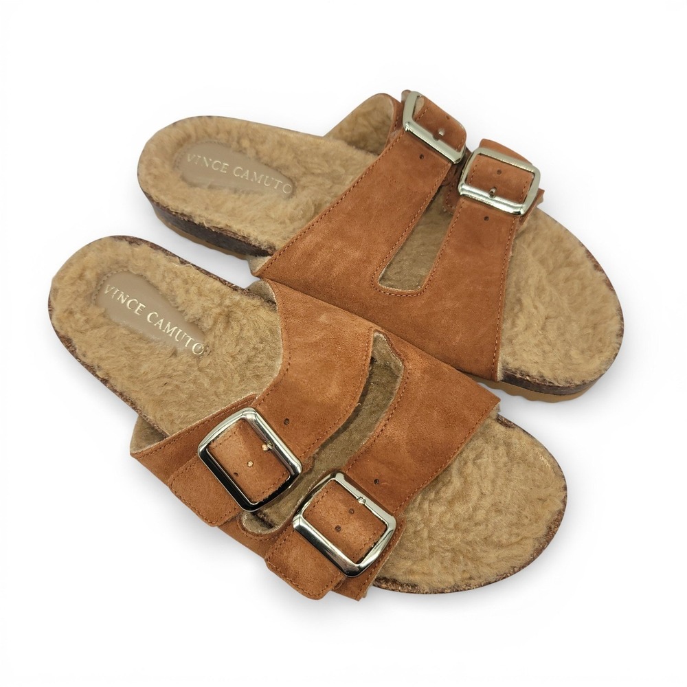 Vince Camuto Womens 8‎ Suede Shearling Sandals Buckle Cork Slide Tan EUC
